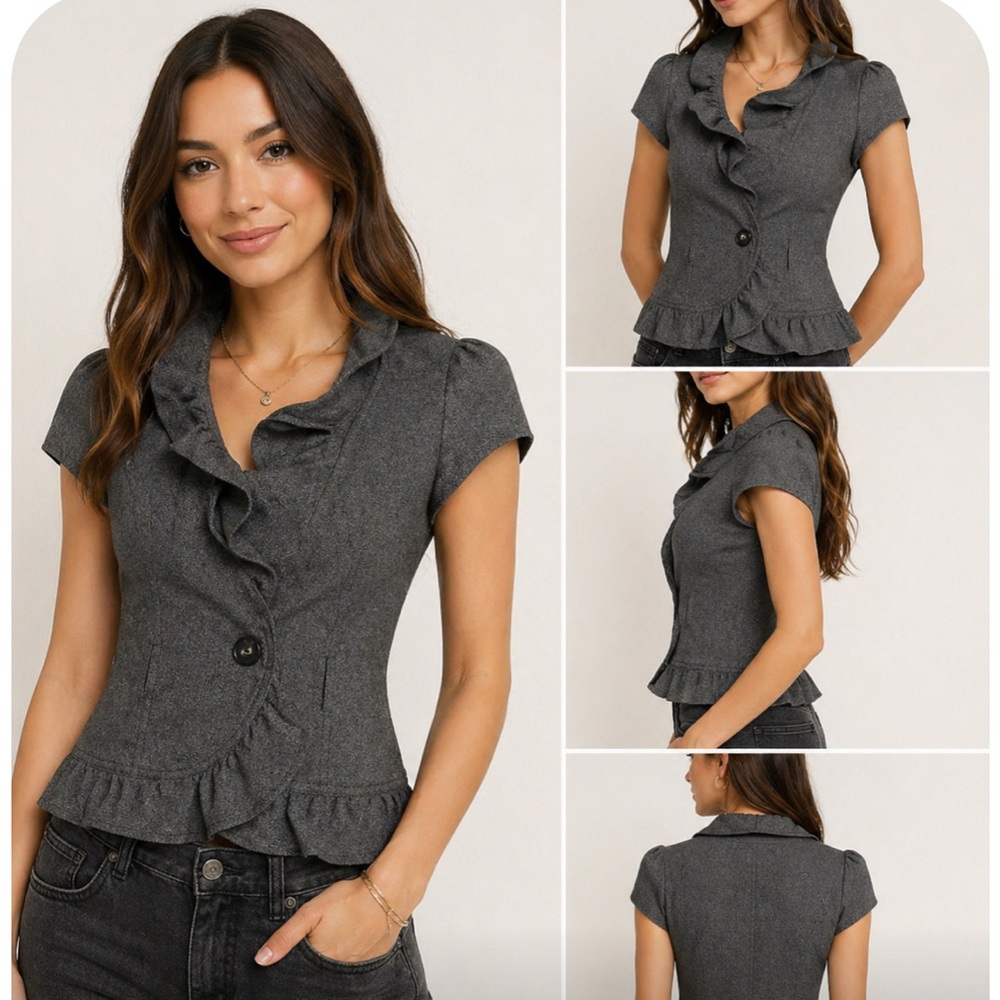 B.WEAR Gray Vintage Ruffle Peplum Blazer Top Women’s Size M Short Sleeve Chic